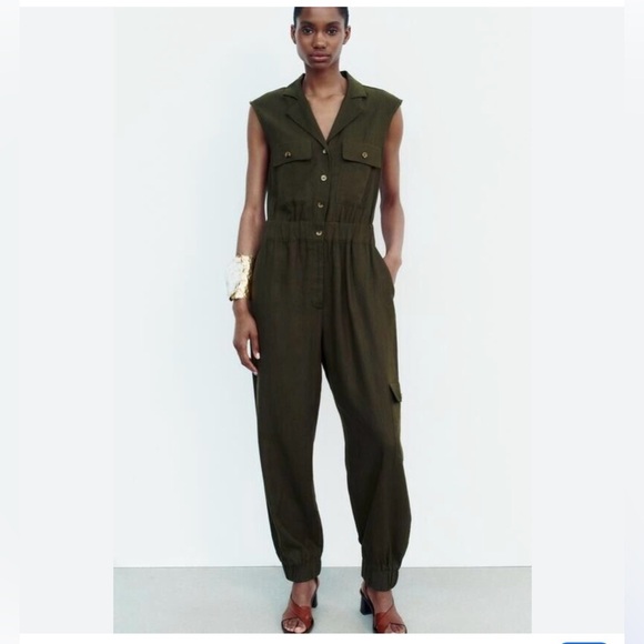 Zara Jumpsuit Dark Green Button-Up Linen Blend  Size XL - Picture 1 of 15
